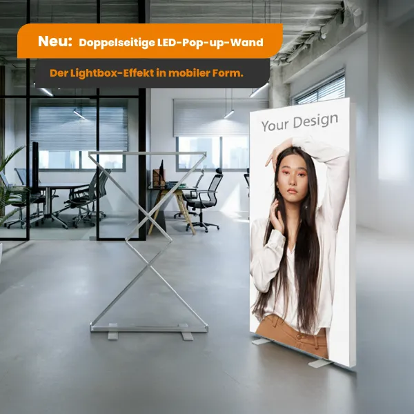 NEU IM SORTIMENT: Easy Light Pop-up 100×200 – doppelseitige LED-Textil-Pop-up-Werbewand